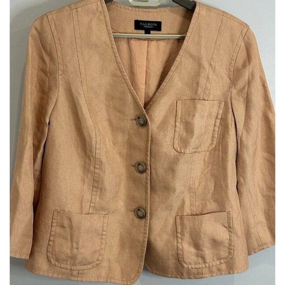 Talbots Blazer Button Front Pockets Collarless Shimmer Rose Pink Jacket Size 18